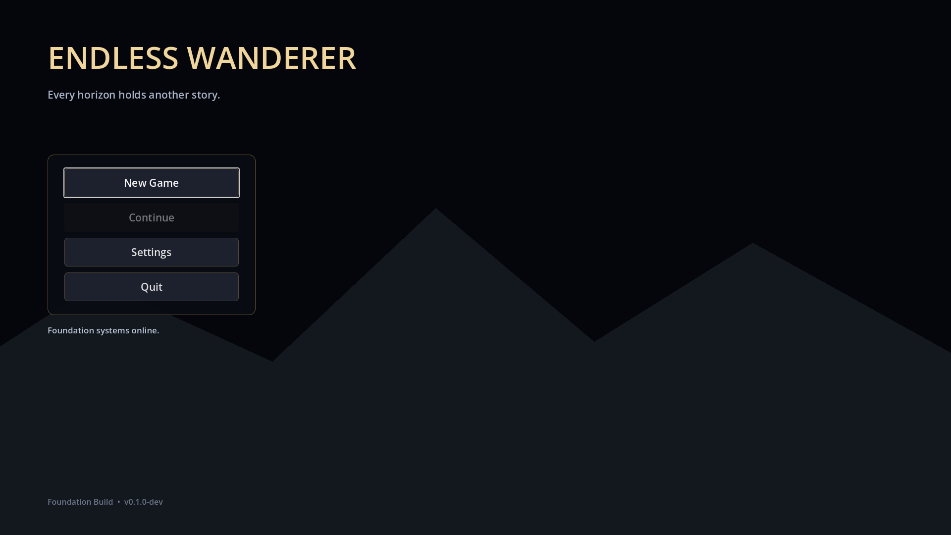 The functional placeholder main menu from the current Endless Wanderer foundation build