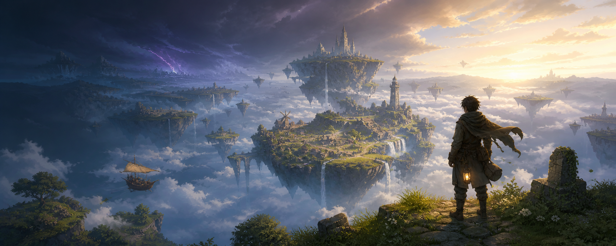 Concept art of a lone traveler overlooking the floating islands of Ashea