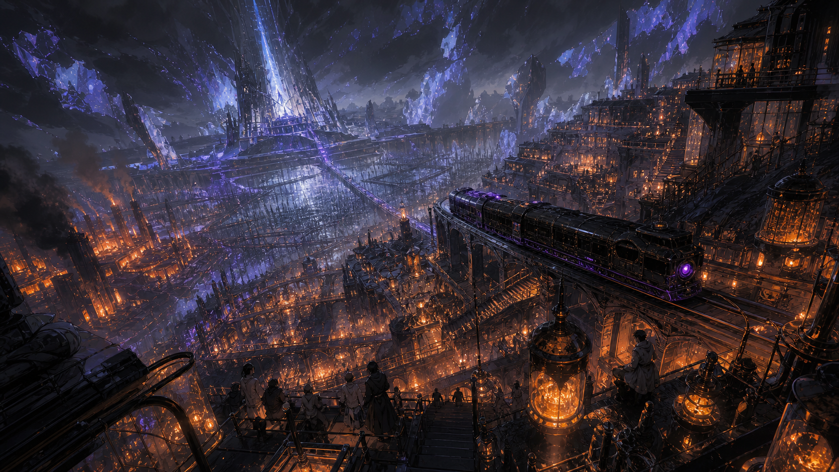 An elevated blacksteel train crosses the ember-lit city of Ashglass Arrival toward a fractured violet rift