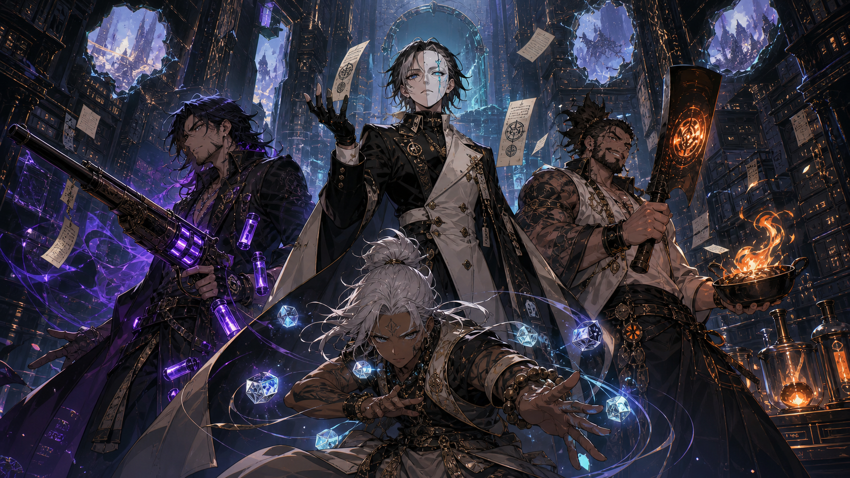 The Registry ensemble stands inside a blacksteel archive lit by cyan rifts and ember-orange machinery